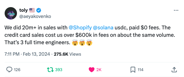 Toly on X about Solana's Sales on Shopify