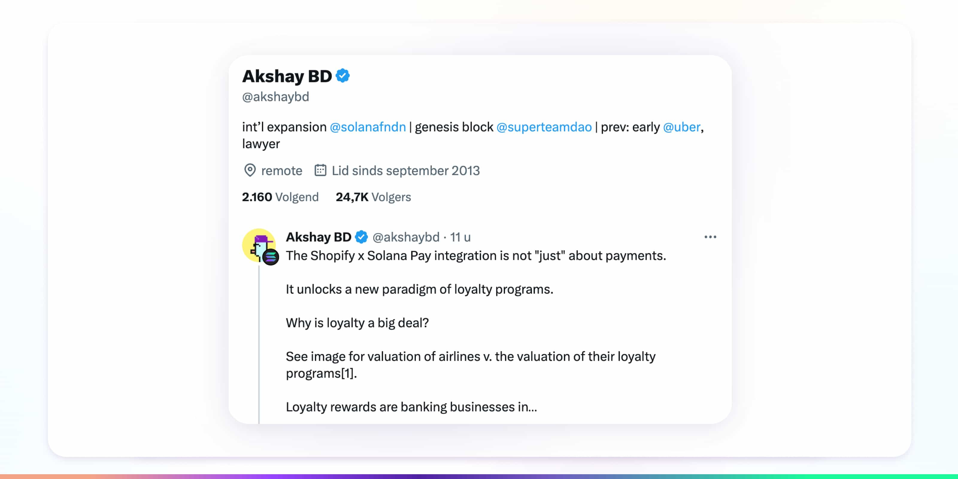 Akshay BD's tweet on Shopify x Solana Pay integration and loyalty